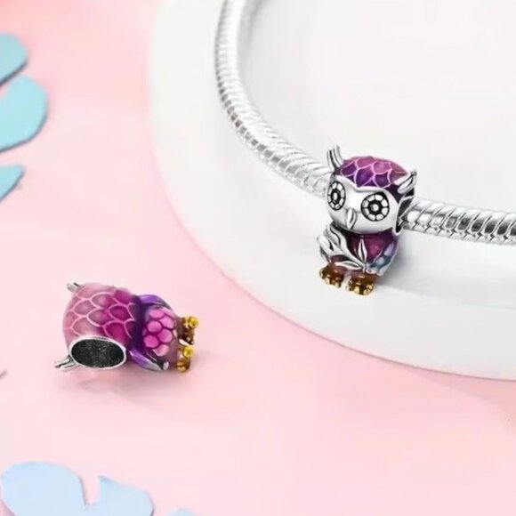 x1 925 Silver Plated Purple Enamel Smart Owl Flower Bead/Charm New - Picture 2 of 3